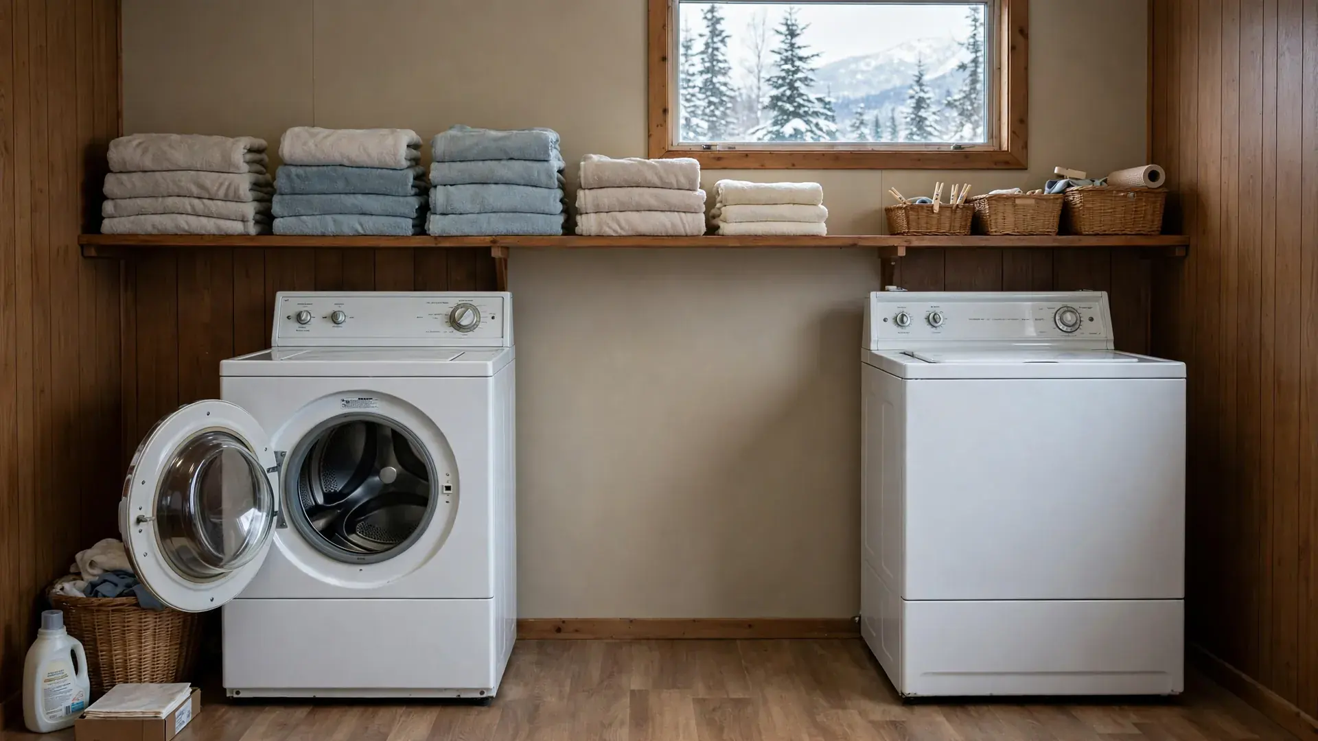 Front load washer with the door open in a bright Anchorage laundry room