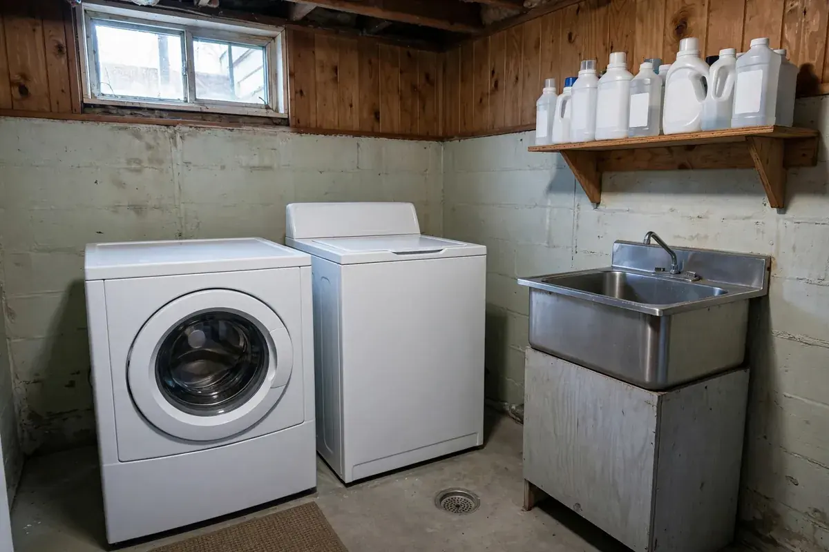 Laundry room with a front load washer and a top load washer side by side